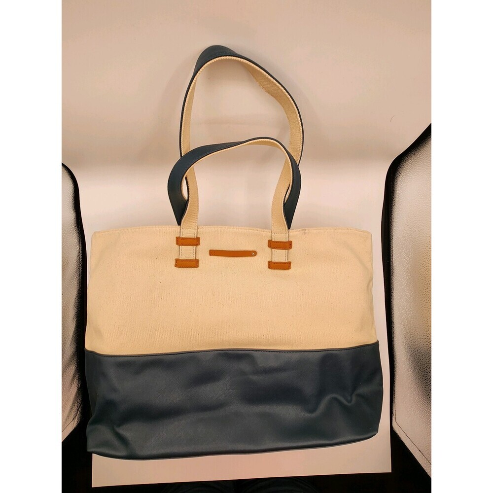 Keep Collective Large Navy Canvas Shoulder Tote, Faux Leather Accents, New-
